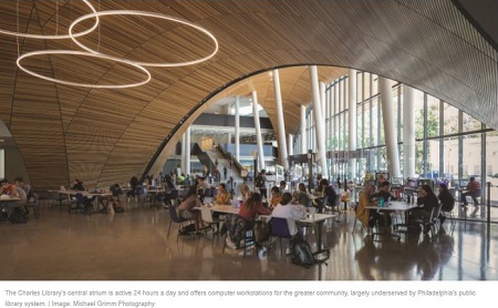 The Charles Library's central atrium is active 24 hours a day and offers computer workstations for the greater community, largely underserved by Philadelphia's public library system. | Image: Michael Grimm Photography